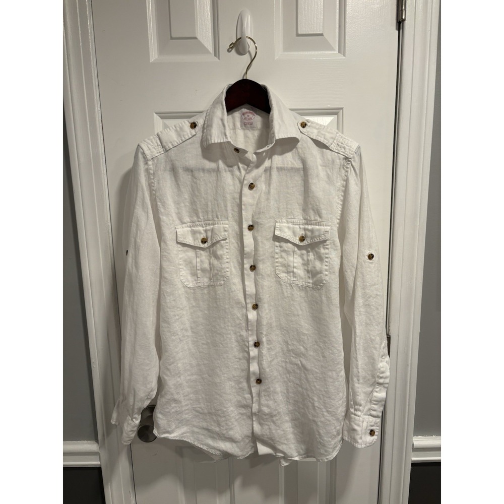 Brooks Brothers White Linen Long Sleeve Collared Button-Up Shirt Size Medium